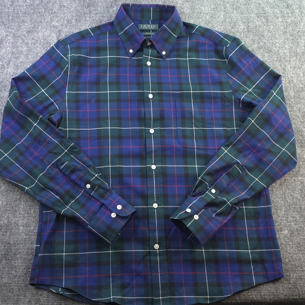 Lauren Ralph Lauren Shirt Medium Stretch Fabric Blue Green‎ Plaid Long Sleeve